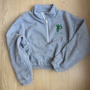 Roller Rabbit Boston Gray Cropped Quarter-Zip Sweatshirt w/ Green monkey M/L
